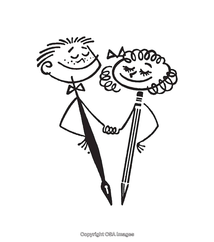 Illustration of Two Personified Writing Instruments Holding Hands