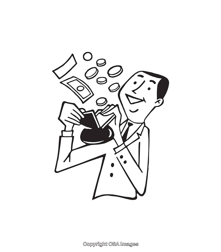 Businessman Smiling While Collecting Money in Black and White Illustration