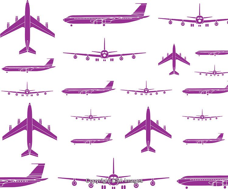 Purple Airplane Silhouettes Pattern Featuring Various Aircraft Views