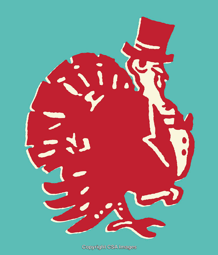 Stylized Color Line Art Illustration of a Turkey Wearing a Top Hat
