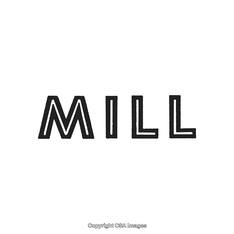 Industrial Stenciled Design Featuring the Bold Word 'Mill' in Black Text