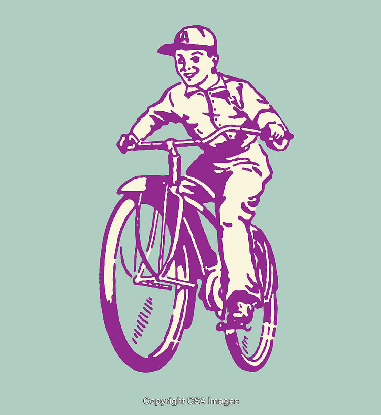 Vintage Illustration of A Boy Riding a Bicycle with Joyful Expression