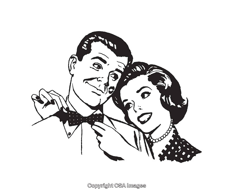 Vintage Black and White Illustration of Couple Adjusting Bow Tie
