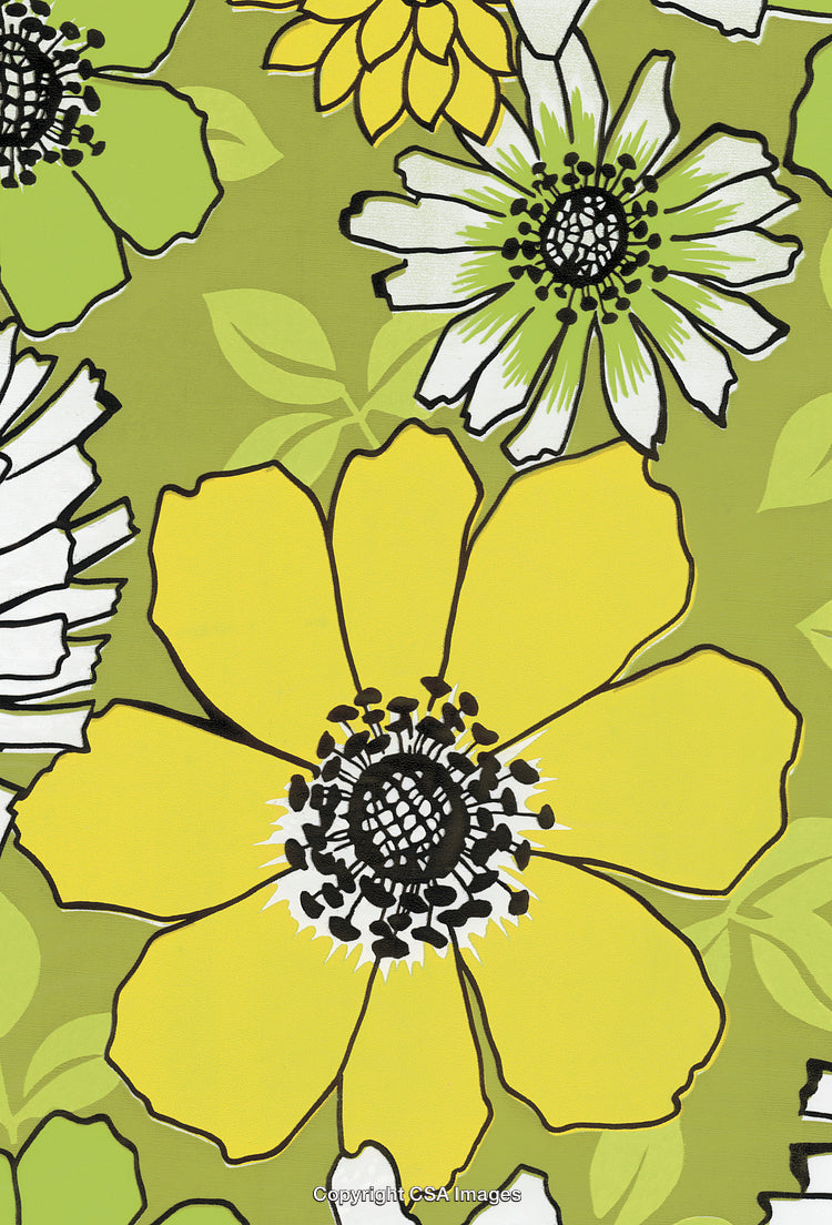 Colorful Floral Illustration Featuring Yellow and Green Blossoms on a Leafy Background