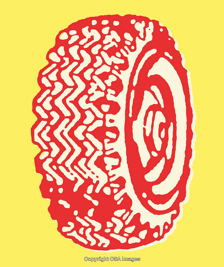 Red Tire Line Art Illustration on a Vibrant Yellow Background