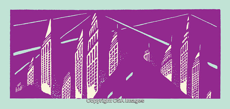 Abstract Line Art Depicting Urban Skyscrapers in Purple and Cyan Tones