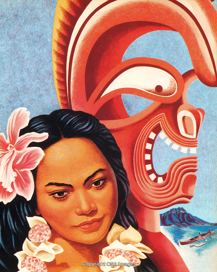 Woman with Polynesian Floral Adornment and Traditional Sculpture by the Sea