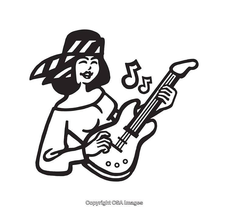 Black and White Illustration of a Woman Playing Electric Guitar with Musical Notes