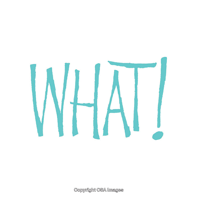 Turquoise Handwritten Style 'What!' Text Featured on White Background