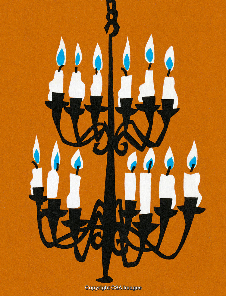 Elegant Chandelier with Lit Candles on a Vibrant Orange Background