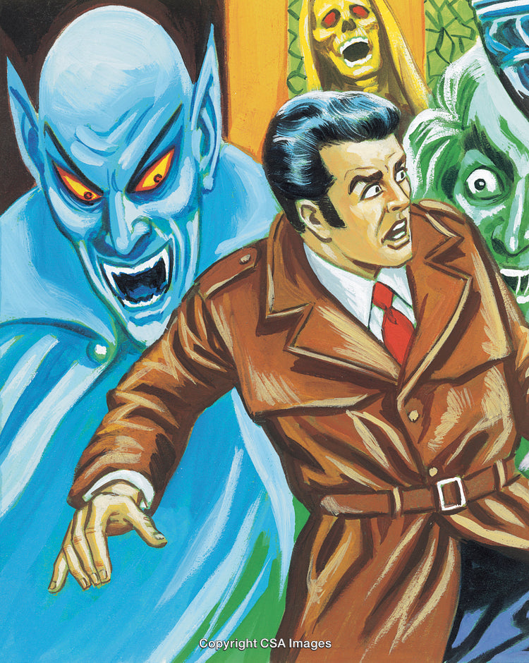 Man in Fear Surrounded by Fantastical Creatures and Monsters