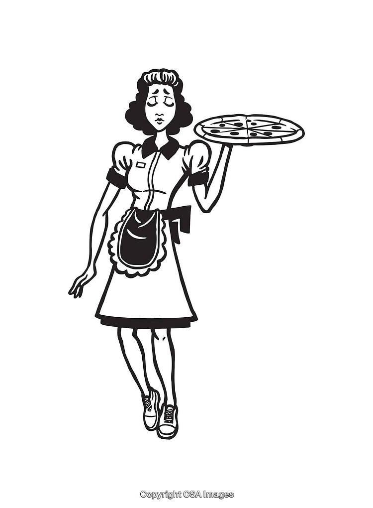 Black and White Line Art of Waitress Holding a Pizza