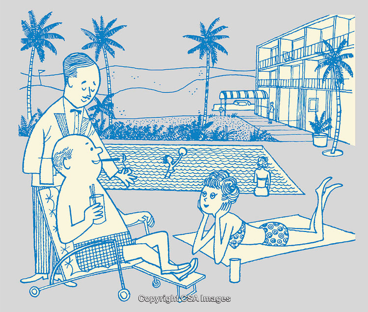 Retro Style Illustration of a Resort Featuring Poolside Relaxation