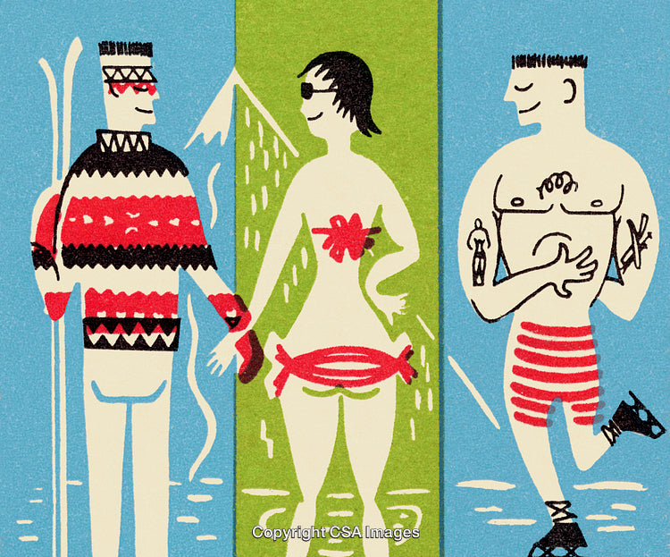 Retro Illustration of Ski, Swim, and Ice Skating Figures in Vibrant Colors