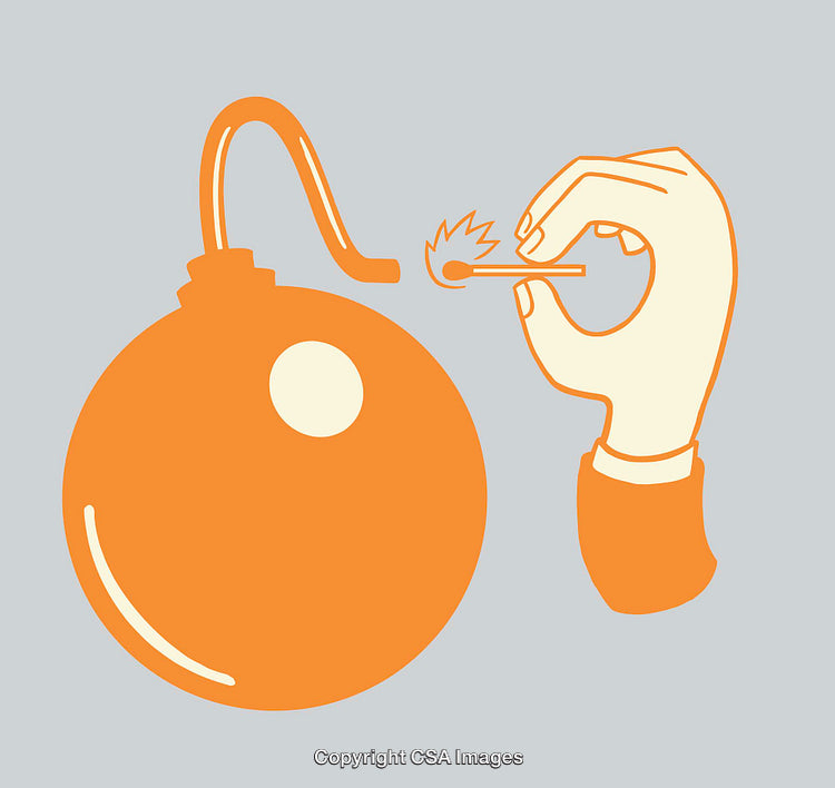Illustration of a Hand Using a Match to Light a Bomb Fuse