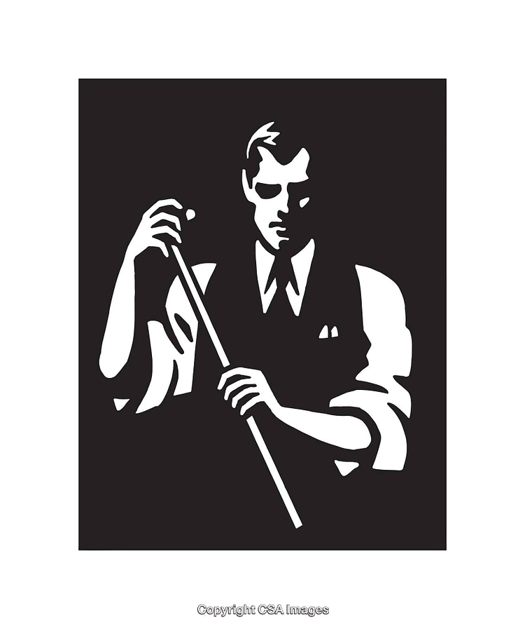 Minimalist Black and White Illustration of a Man Holding a Pool Cue