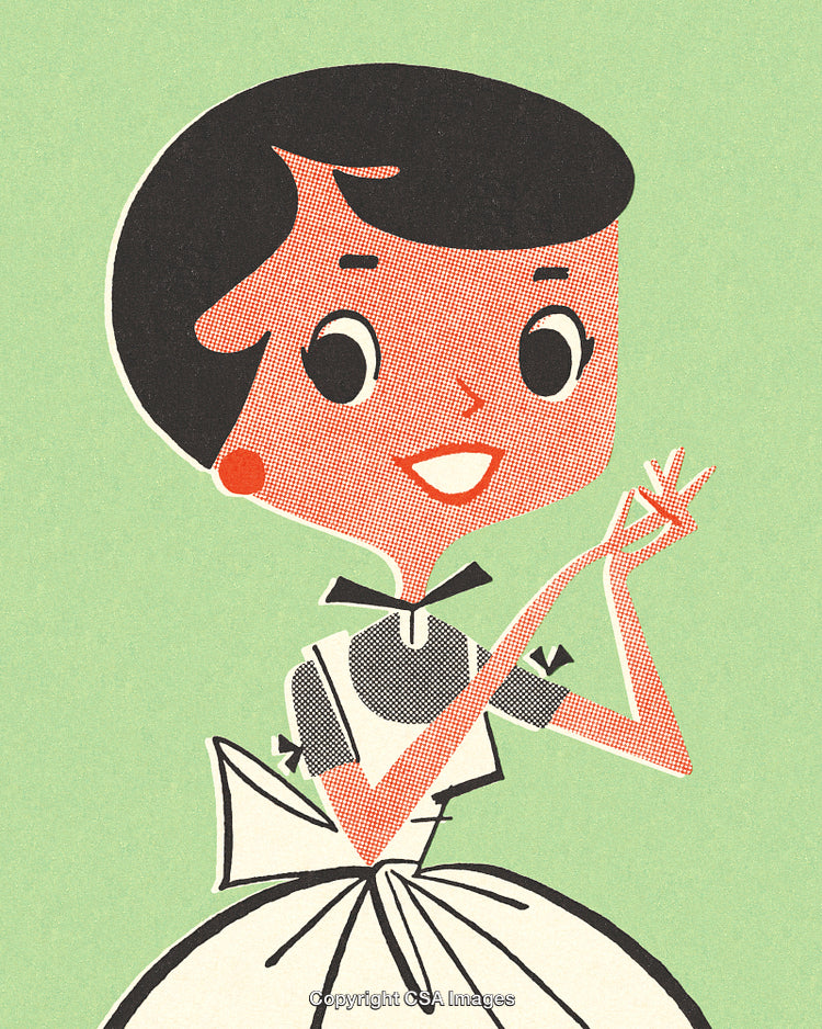 Retro Cartoon Illustration of a Woman Smiling on a Green Background