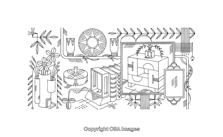 Black and White Line Art Composition Featuring Geometric and Botanical Themes