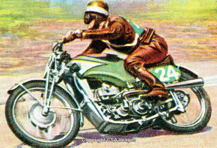 Vintage Illustration of a Motorcycle Racer in Vibrant Colors During a Race