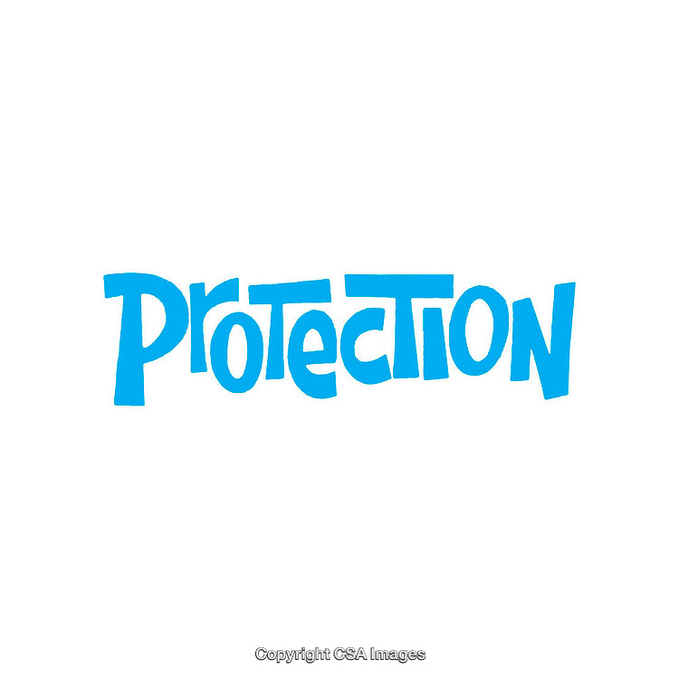 Blue Handwritten Text Spelling the Word Protection on White Background