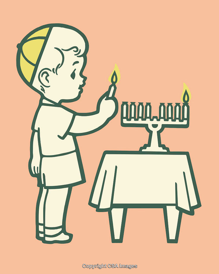Colorful Illustration of a Child Lighting a Menorah for Hanukkah Celebration