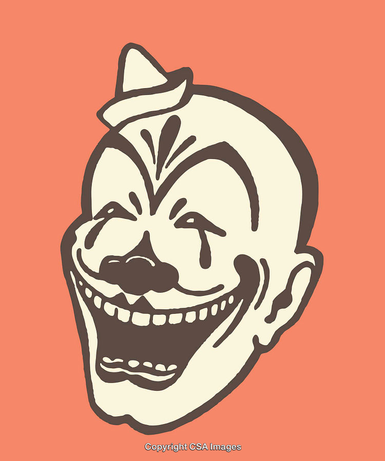 Vintage Line Art Illustration of a Laughing Clown Face on Solid Background