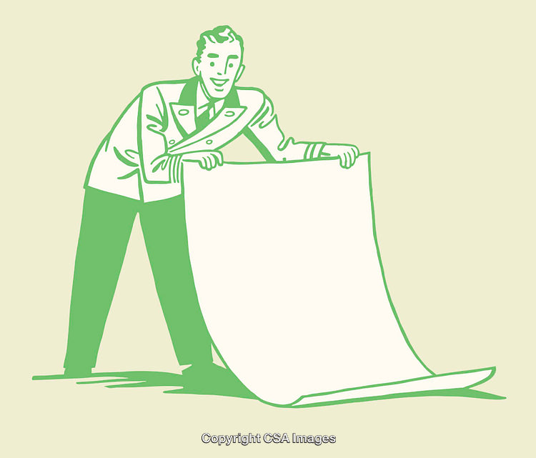 Retro Line Art Illustration of a Man Presenting a Large Blank Sheet