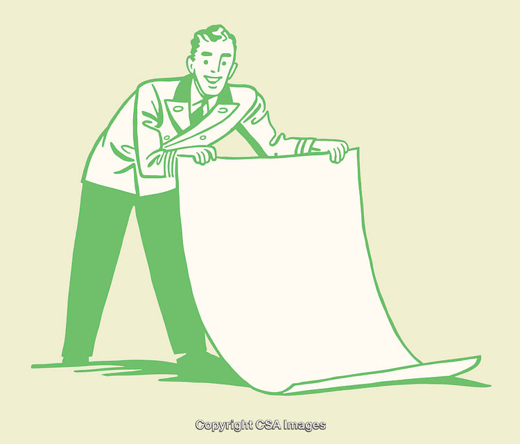 Retro Line Art Illustration of a Man Presenting a Large Blank Sheet