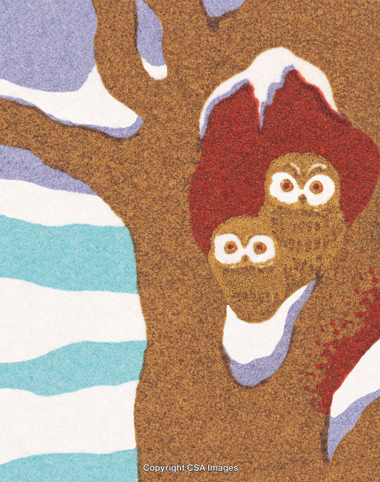 Colorful Artistic Depiction of Two Owls in a Snowy Forest Scene