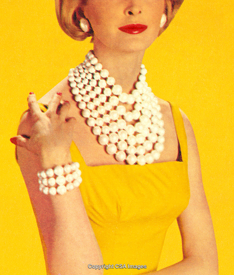 Vintage Portrait of Woman in Yellow Dress and Pearl Jewelry