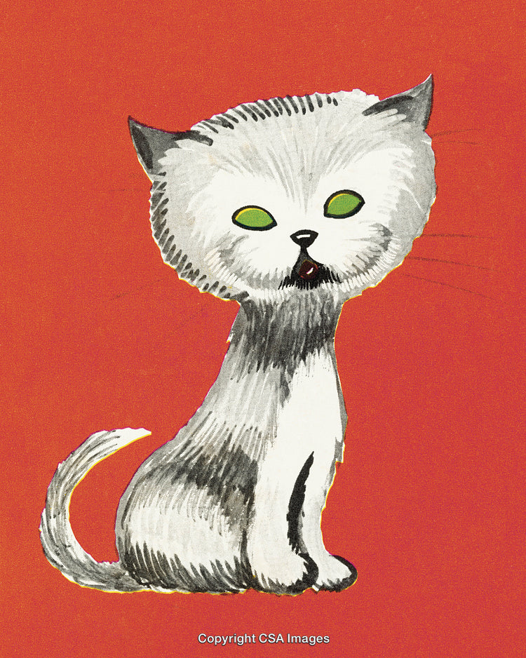 Illustration of a Cat with Green Eyes on Red Background