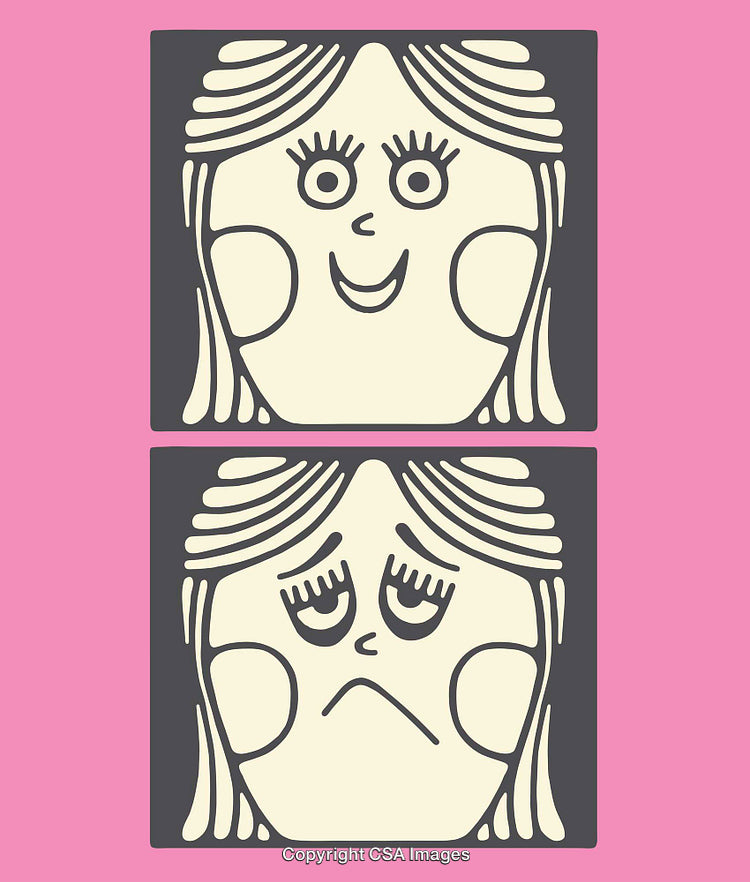 Happy and Sad Expressions Illustrated in Playful Line Art on Colorful Background
