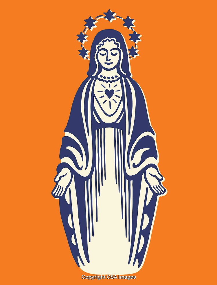 Sacred Heart Illustration of Virgin Mary with Halo on Orange Background