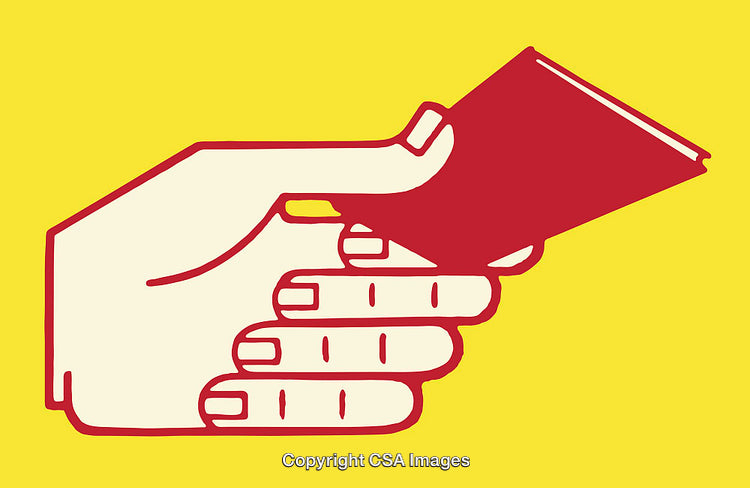 Colorful Line Art of Hand Holding a Red Book on Yellow Background