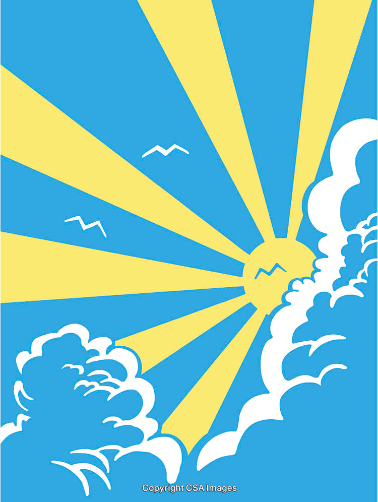 Bright Sun with Radiating Rays and Clouds in Blue Sky Art