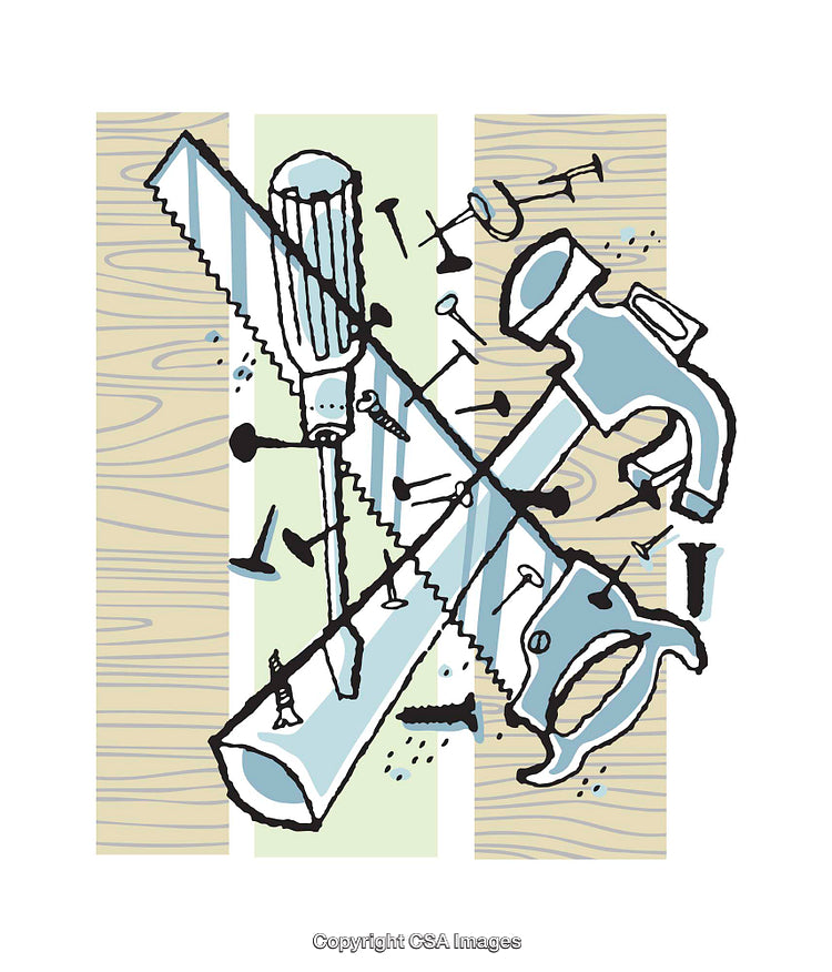 Colorful Illustration of Tools and Nails on Wooden Background