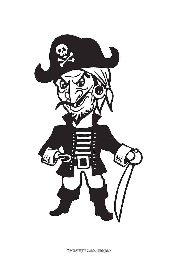 Black and White Line Art Illustration of a Happy Cartoon Pirate