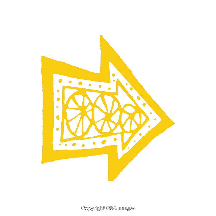 Yellow Hand-Drawn Arrow with Intricate Patterns on White Background
