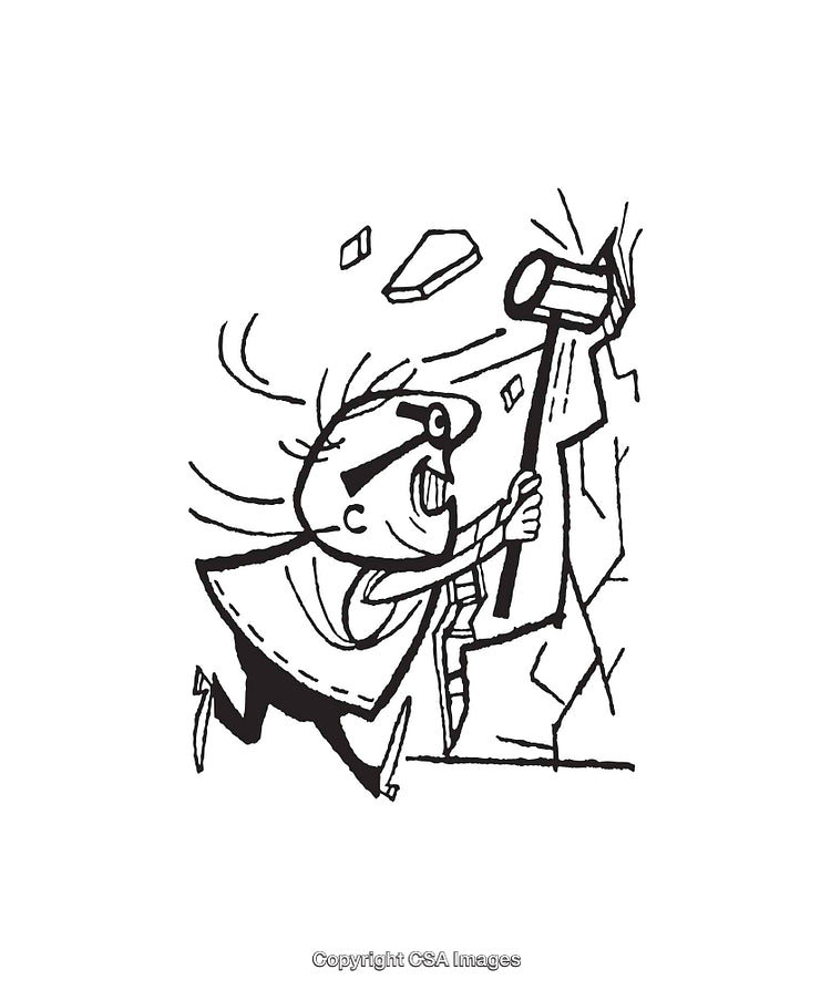 Cartoon Style Black and White Illustration of Miner Breaking Rocks
