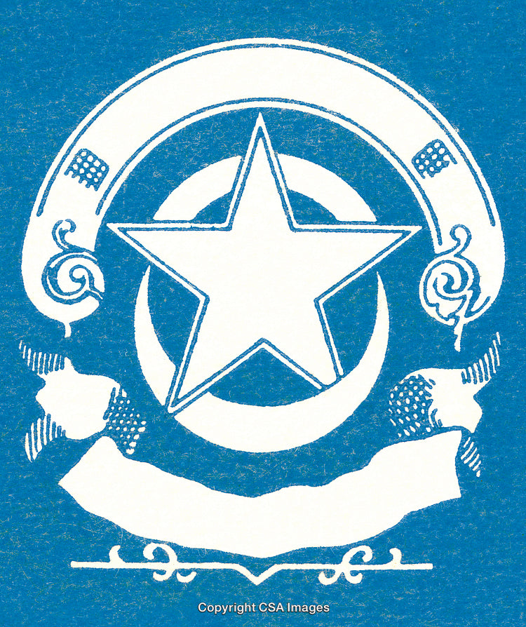 Blue and White Symbolic Illustration Featuring a Star and Crescent Design