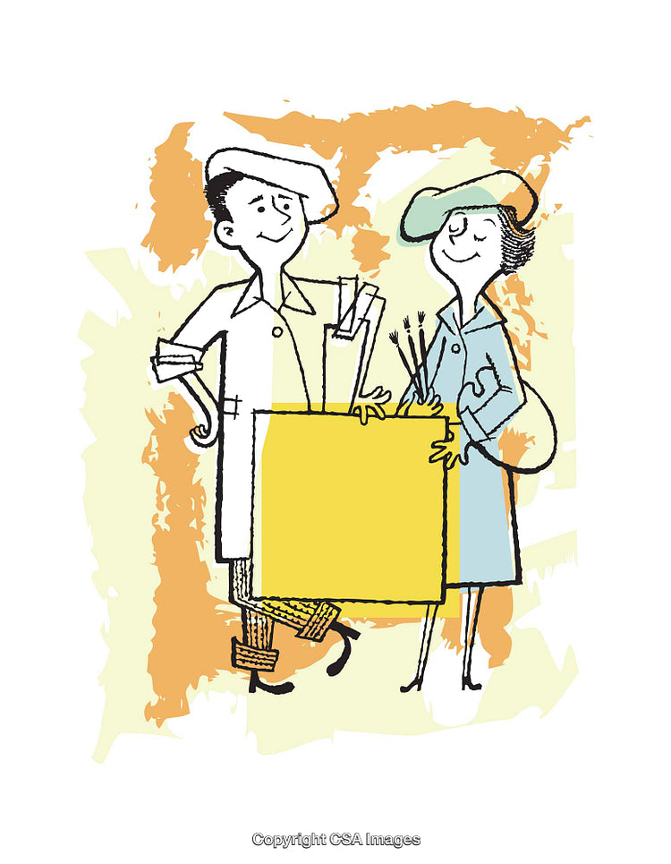 Playful Illustration of Artists Sharing Creative Tools and Supplies