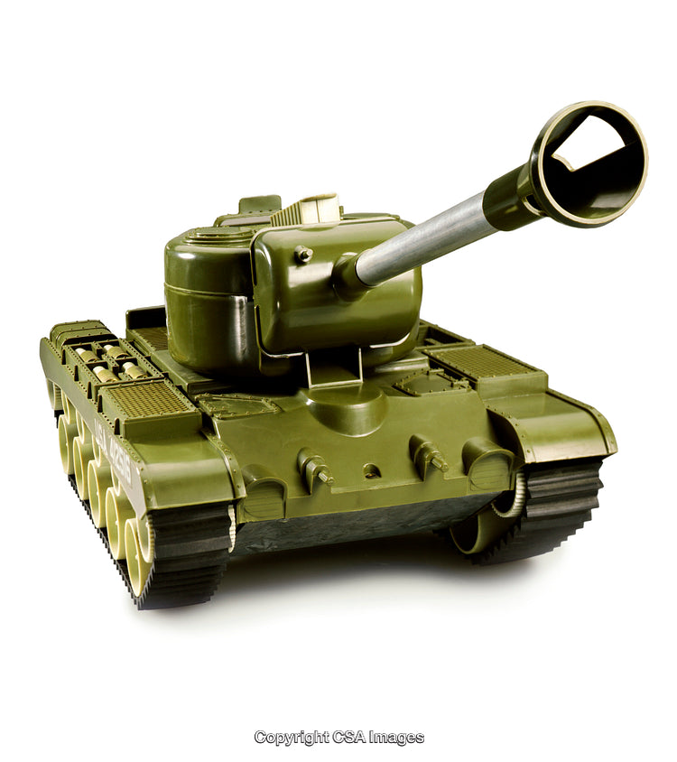 Green Toy Tank with Details on Treads and Cannon Close-Up