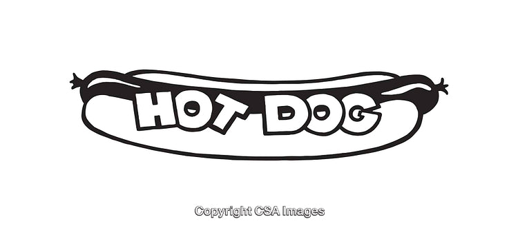 Black and White Illustration of a Hot Dog with Text Overlay