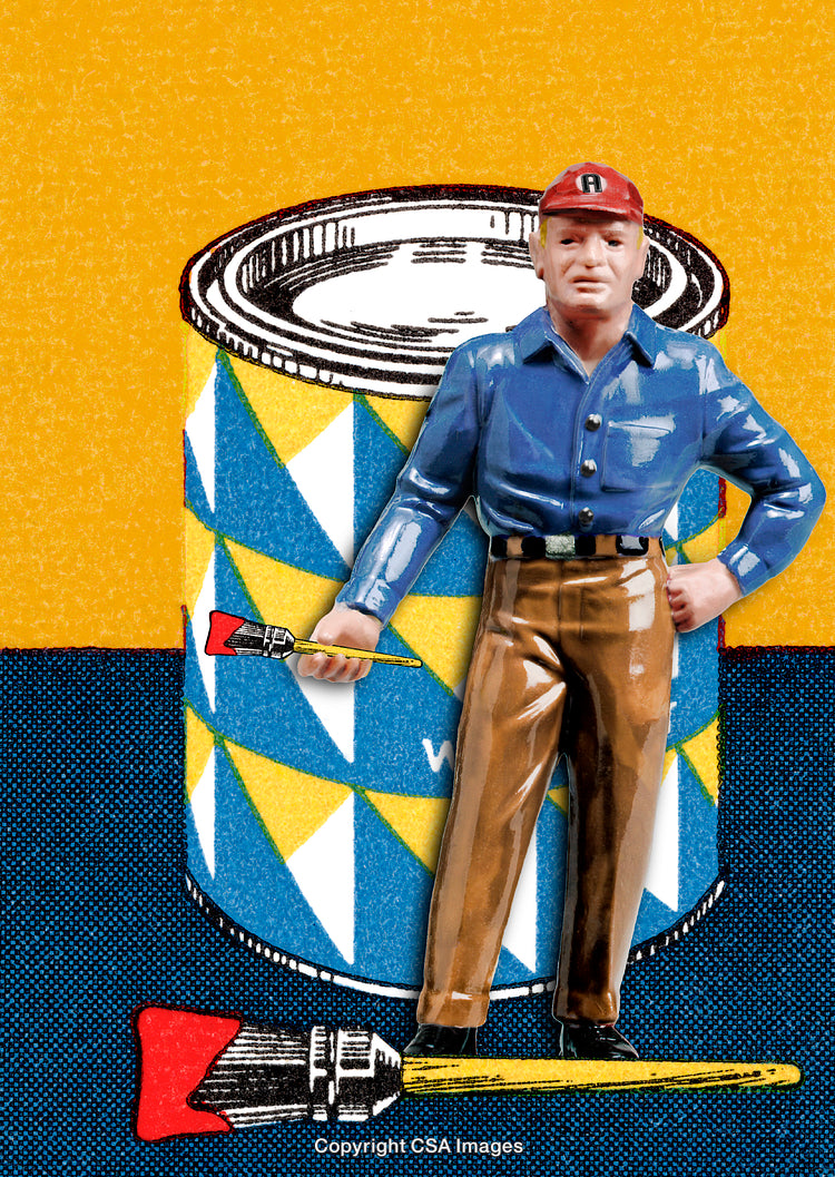 Colorful Toy Figure of Worker Beside Patterned Paint Can Illustration