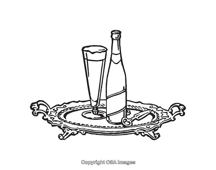 Intricate Line Art of Elegant Champagne Bottle With Glass on Ornate Tray