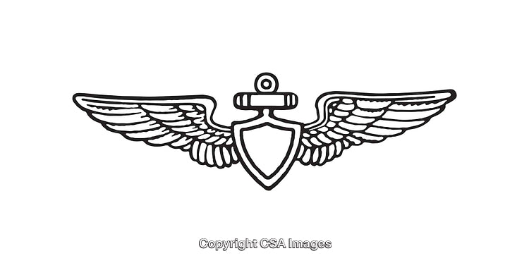 Winged Emblem Line Art Featuring Anchor and Shield Symbol in Black Design