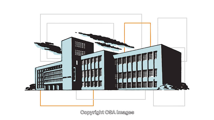 Urban Building Illustration with Unique Geometric Design and Abstract Elements