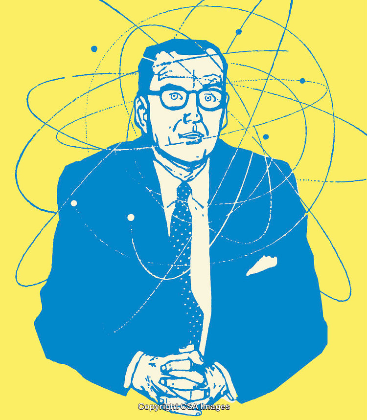 Retro Style Atomic Scientist Illustration with Vibrant Colors and Unique Design