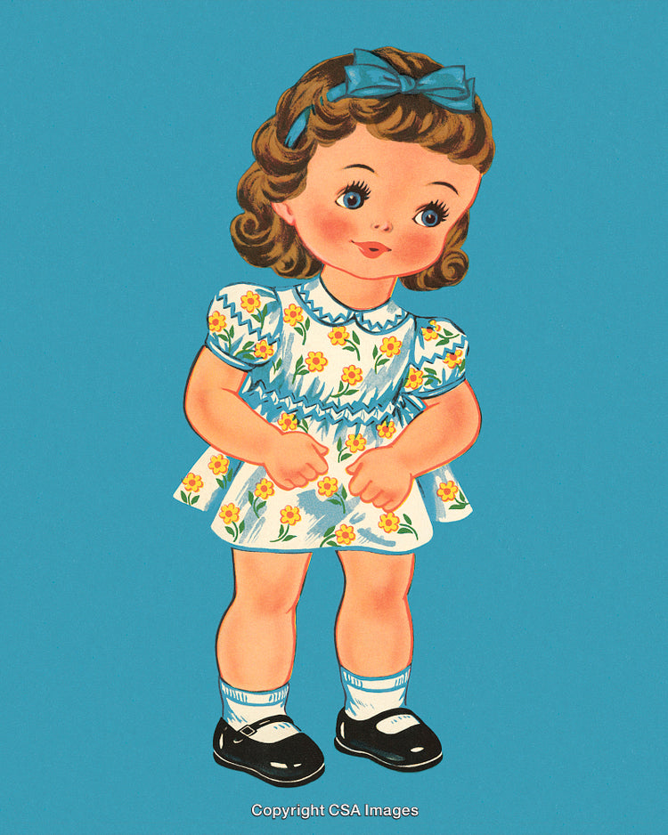 Vintage Illustration of a Cute Child in a Floral Dress on Blue Background
