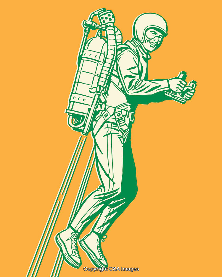 Retro Line Art of Jetpack Pilot Illustration in Bold Colors